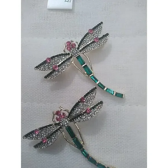 Oversized Dragonfly Brooch Pin Golden Tone Green Enamel Scarf Clip - Picture 2 of 5